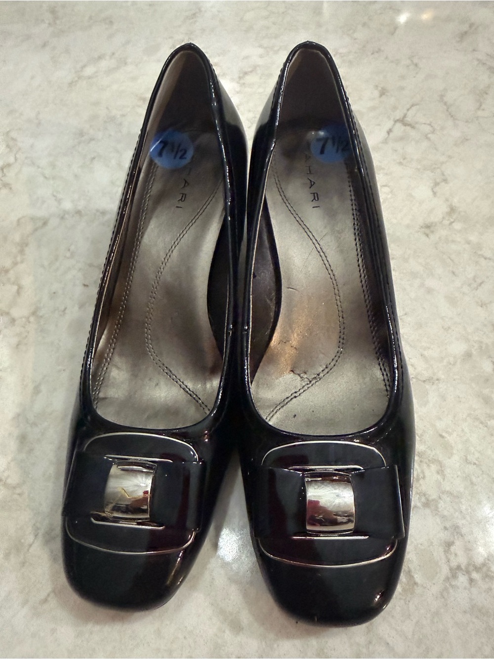 Tahari Black Patent Loafers with Silver Buckle Accent